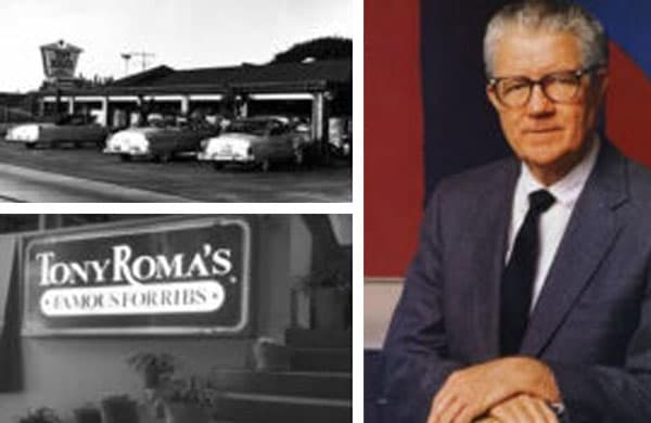 Three pictures Picture one is a picture of the outside of the first Tony Roma’s restaurant located in the city of Miami with 1950’s cars parked on front.