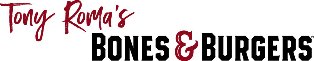 Bones&Burgers logo with Registered Trademark. Tony Roma's wording on top left and Bones & Burgers below it.